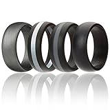 ROQ Silicone Wedding Ring for Men, Silicone Rubber Band 4 Pack - Black, Grey, Silver, Beveled Metallic Platinum, Size 13