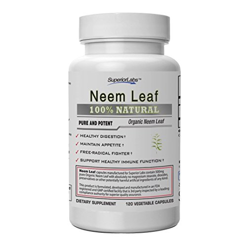 Superior Labs  Neem Leaf Supplement NonGMO, Non Synthetic  500 mg Dosage, 120 Vegetable Capsules  Healthy Skin - Normal Immune Function  Maintain Appetite  Healthy Digestion