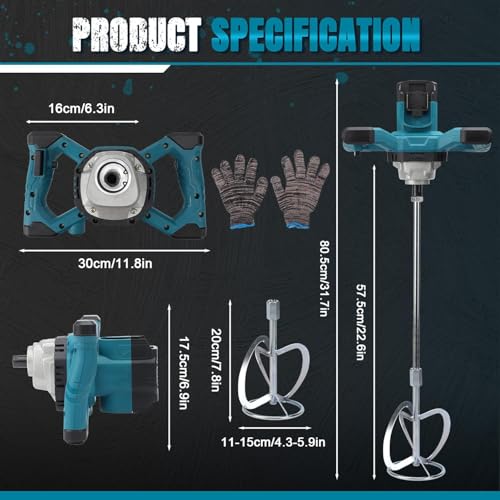 Cement Mixer Compatible with Makita 18V Battery, 3200W Portable Paint Mortar Mixer with 6 Speed, Max 680 RPM, Electric Concrete Stirrer for Mixing Fodder Mortar Paint Glue Putty (No Battery)