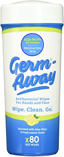 Germ-Away Antibacterial Wipes for Hands and Face, Kills 99.9% Germs on Skin, 80 Wipe Canister Fits in Cup-Holder, (4 Canisters, 320 wipes)