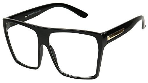 Basik Eyewear - Big XL Large Square Trapezoid Shape Oversized Fashion Sunglasses (Black, Clear Lens)
