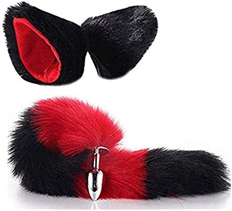 Black and Red Fluffy B-ütt P-l-ǔ-g Fox Tail, Cat Ears Headband Cosplay Halloween, Make Life Wonderful 2Pcs/Set