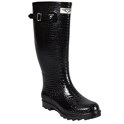 Forever Young Women's Faux Croc Tall Rubber Rain Boots, 6, Black