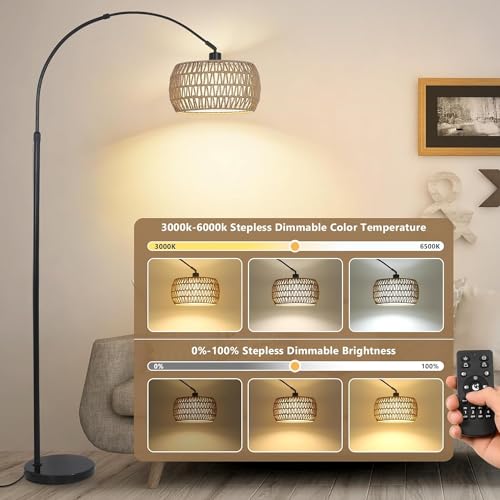 Homodoskey Arc Floor Lamp for Living Room with 3 Color Temperatures,Floor Lamps with Remote & Dimmable Bulb, Boho Standing Lamp with Rattan & Fabric Shade, Adjustable Tall Lamp for Bedroom, Office (A)