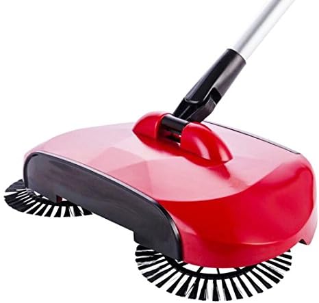 WQWL New Upgraded Aotomatic 360 Degrees Rotation 3-In-1 Non-Electricity Lazy Household Hand Push Adjustable Rod Sweeper Broom Floor Cleaner Dustpan Trash Bin Set (Red)