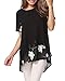 Anself New Fashion Women Chiffon Blouse Embroidery Crew Neck Short Sleeve Loose Fit Casual Tops White/Black L