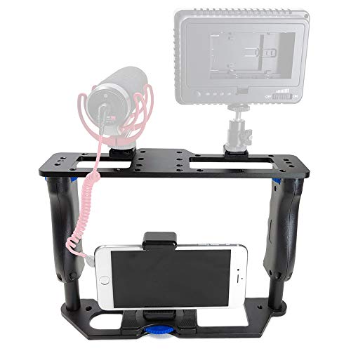 iShot Pro Universal Smartphone Premium Aluminum Video Rig Camera Tripod Mount Holder Stabilizer Handle Cage - Compatible with iPhone Samsung Android Google Sony GoPro Camcorder DSLR LED Mic and More
