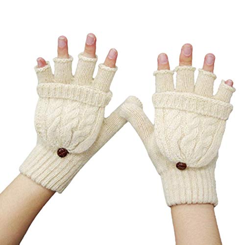 Voberry Women's Palm Knit Fingerless Texting Work Gloves With Mitten Cover