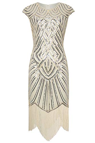 BABEYOND Women's Flapper Dresses 1920s Beaded Fringed Great Gatsby Dress Beige