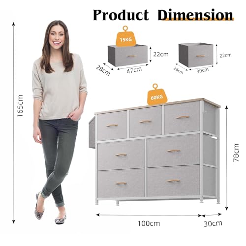 PURFINO Fabric Chest of Drawers - Fabric Chest of Drawers with 7 Large Drawers, Labels, Side Pocket and Hook for Living Room, Hallway, Bedroom (Light Grey)