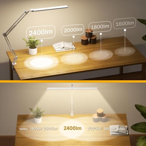 SKYLEO LED Desk Lamp, Dual Head Desk Lamp with Clip, with Remote Control, 2400 LM, 5 Color Temperature Modes, Home Desk Lamp, 24W, White