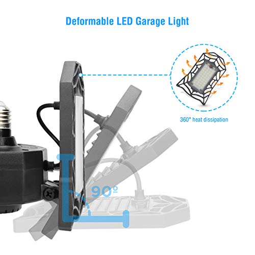 Led Garage Light, Vorida 8000LM E26/E27 Basement Deformable 80W Garage Lights, Led Garage Ceiling Light Fixture with 3 Adjustable Light Panels for Garage, Warehouse and Workshop(NO Motion Activated)