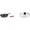Lodge Cast Iron Skillet with Red Mini Silicone Hot Handle Holder, 8-inch & Manufacturing Company GL8 Tempered Glass Lid, 8",