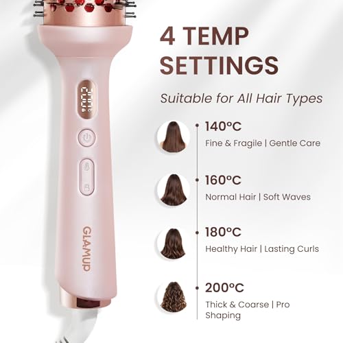 GLAMUP Beauty Real Infrared Thermal Brush, Infrared Heat for Less Damage & More Shine, Extra-Long Barrel for Long Hair, Creates Soft Waves, Volume & Face-Framing Flicks, Pink