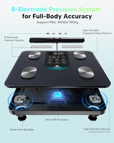 Arboleaf Smart Scale for Body Weight, 8-Electrode Dual-Frequency BIA Digital Bathroom Scale, 7-in-1 Display for BMI, Body Fat & Muscle Mass, 50+ Metrics in App, Body Composition Analyzer