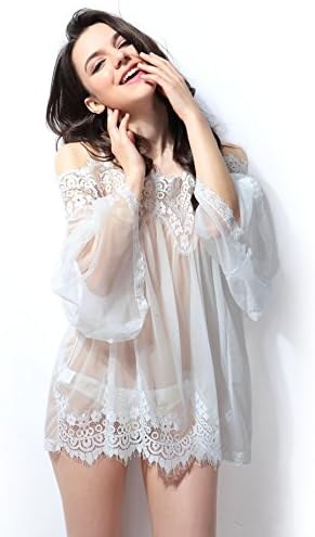 Women Lace Halter Babydoll Lingerie Perspective Dress Nightwear (White-1)