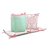 Mint Green Dots and Coral Pink Medallion Print Reversible Baby Crib Bumper