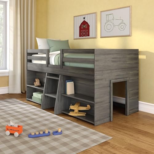 Max & Lily Modern Farmhouse Low Loft Bed, Twin Bed Frame for Kids with 2 Bookca…