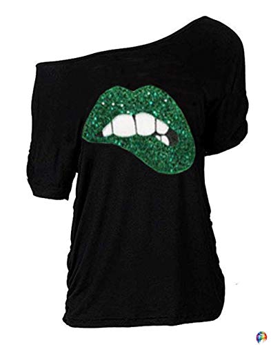 MAGICMK Women Casual Plus Size Sexy Lips Print Off Shoulder T-Shirt Tops (4XL, Black+Green)