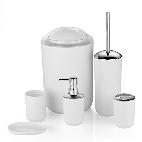 Zuvo 6 Pcs Plastic Bathroom Accessory Set Luxury Bath Accessories Bath Set Lotion Bottles, Toothbrush Holder, Tooth Mug, Soap Dish, Toilet Brush, Trash Can, Rubbish Bin (White)