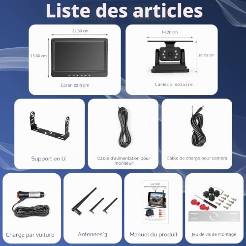 VASTEND Camera de Recul sans Fil Solar avec Moniteur 9" 1080P, 10000mAh Magnétique Rechargeable Batterie, Installation Rapide, Nocturne Nocturne, pour Camions, Camping Car, Caravane(VS-9A)