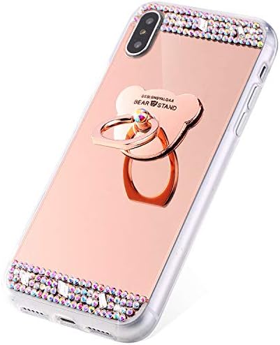 SainCat Case Compatible with iPhone XS Max,Glitter Sparkle Bling Diamond Rhinestone With Bear Ring Stand Shiny Case Shock-Absorption Slim Fit TPU Silicone Bumper Case+Rose gold