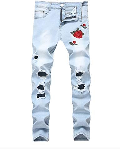 Anaisy Men's Holes Chern Jeans Trousers Pants Rose Embroided Denim Torn Retro Fashion Young Skinny Stretch Denim Pants Trousers