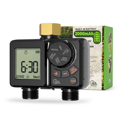 GIEX Programmateur d’arrosage rechargeable 2 zones, minuteur d’eau programmable à 2 sorties avec entrée en laiton, batterie intégrée, retard pluie et arrosage manuel