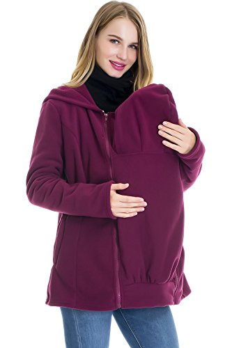Smallshow Womens Fleece Zip Up Maternity Baby Carrier Hoodie Sweatshirt Jacket,Wine,Medium