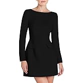 HYZ Women's Sexy Corset Crew Neck Long Sleeve Backless Cocktail Party Mini Dress with Decorative Pockets