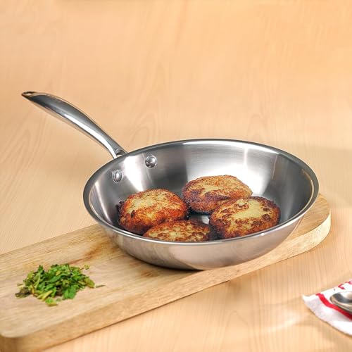 Frigideira Inox, Frigideira Aço Inox Professional Rasa com Fundo Triplo e Cabo, 21.6 cm 1,5 L, Sem Revestimento de Teflon, Compatível com Indução, Gás, Elétrico e Vitrocerâmico, Fácil Limpeza