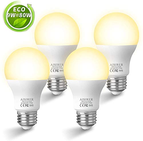AISIRER-Bombilla-Inteligente-Bombillas-LED-WiFi-9W-806LM-Compatible-con-Amazon-Alexa-Echo-Google-home-y-IFTTT-E27-Luz-Clida-2700K-regulable-No-se-requiere-hub-paquete-de-4