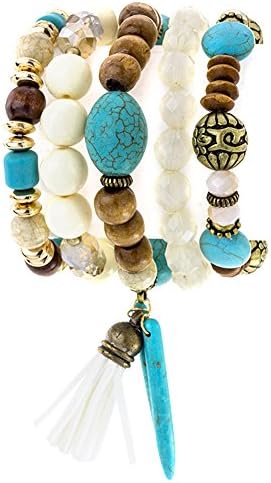 Aris Bohemian Wood & Turquoise Beaded Stretch Bracelets Stack Bundle: Bracelets & Bag (Neutrals Turquoise)