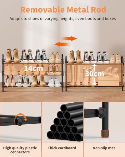 Anhow 3 Tier Shoe Rack, Space-Saving Expandable Metal Shoe Rack Open for 6-12 Pairs of Shoes for Entrance, Living Room, Hallway, Bedroom, Wardrobe (Black)