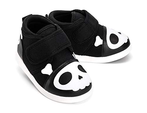 ikiki Skull Squeaky Shoes for Toddlers w/Adjustable Squeaker, Black Girl or Boy Shoes (Size 7, Captain Zuga)