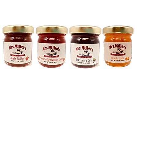 Mrs. Miller's Mini COUNTRY Sample Variety 1.5 oz. - Pack of 16 (4 of ea): Apple Butter, Strawberry Rhubarb Jam, Elderberry Jelly & Peach Jam with a Jarosa Chocolate Lip Balm by Jarosa Giftsf