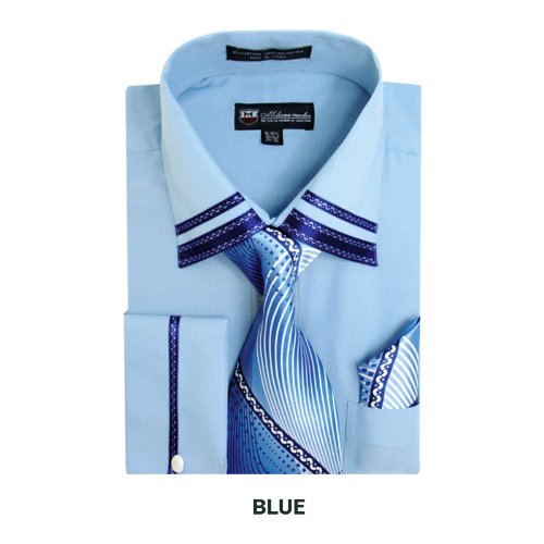 Milano Moda Fashion Shirt with Tie, Hankie & French Cuffs SG28-Blue-16-16 1/2-34-35