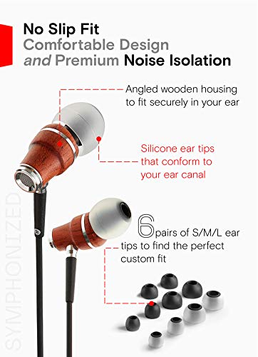 Symphonized NRG X Bubinga Premium Genuine Wood Earbuds, in-Ear Noise-Isolating Headphones, Earphones with Angle-Fit Ear Tips, in-line Microphone and Volume Control, Stereo Earphones (Black)