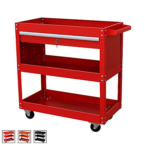 Rolling Tool Cart, 3 Trays Service Tool Cart with Lockable Drawer, Multifunctional Tool Cart, Utility Cart, Mobile Storage Cabinet, Tool Storage Organizer (red)
