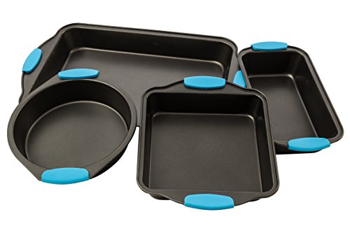 Bakeware Set -Premium Nonstick Baking Pans -Set of 4- ligh blue Silicone Handles includes a Pie Pan, a Square cake pan, Baking Pan, a Bread Pan, By Intriom Blue Collection (Set of 4)