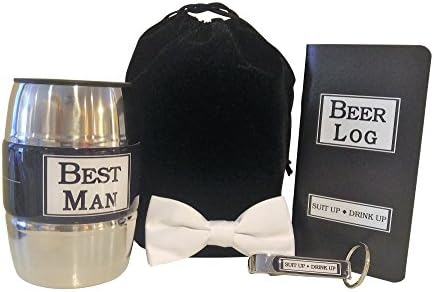 TSO Wedding Party 5 Piece Suit Up and Drink Up Groomsman Gift Set with Barrel Mug Cooler, Bottle Opener, Beer Log, White Bow Tie and Black Gift Bag Grooms Gift (Best Man)