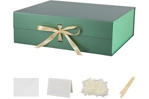 BoxSkivra Green Large Gift Box with Ribbon 1 Pack 19x16x6 Inch Extra Large Gift Box with Lid Magnetic Closure Rectangle Collapsible Luxury Gift Box for Presents Crinkle Cut Paper Shred with Card