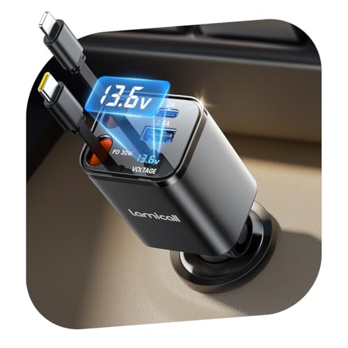 Lamicall 4 in 1 Retráctil Cargador para Auto – 69 W [Display de Voltaje] [50% Más Pequeño] Rápido Cargador para Carro, Puerto USB-C y USB-A, Compatible con iPhone 17/16/15/14/13/12, Galaxy, Airpods