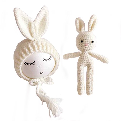Newborn Baby Cute Bunny Ear Hats with Rabbit Doll Photography Props White