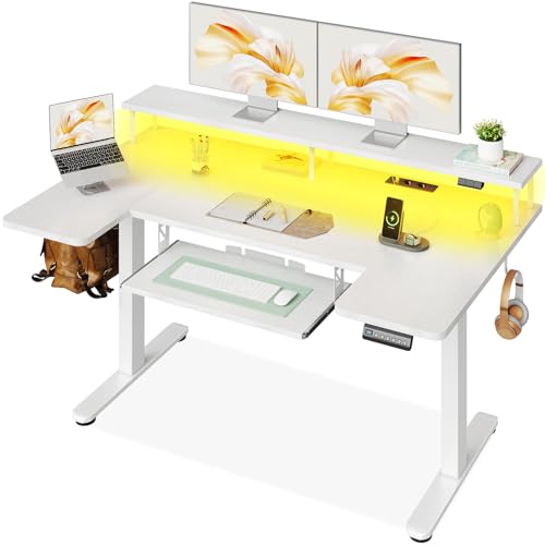 OffiGo U Shape Sitting Desk Electric Desk with Monitor Stand, USB Sockets and Port, Standing Desk with LED, Height Adjustable Gaming Table, White