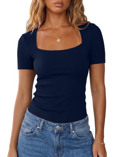 Aottori Women's Short Sleeve Square Neck Top Summer Ribbed Slim Fit T Shirt Casual Fitted | Tejido elástico, Uso diario, Ropa casual, Vacaciones, Estilo minimalista, Costuras diagonales, Look elegante