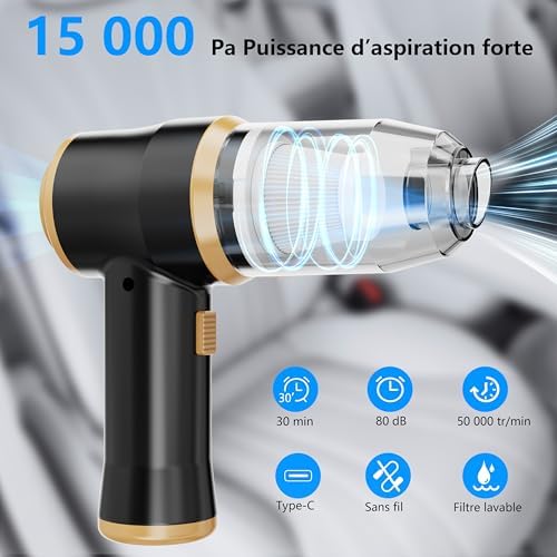 Mini-Aspirateur pour Voiture 15000 Pa – Aspirateur Portatif sans Fil à Main et Soplete à Air avec 2 Filtres, Idéal pour Voiture, Canapé, Bureau, Animaux domestiques et Maison