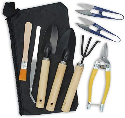 KNASI Bonsai Tree Tools Kit, Succulent Bonsai Tool Starter Kits, Mini Garden Tools, Indoor Gardening Tools Set 8 pcs -Include Pruner, Scissors, Mini Rake, Bud, Cleaning Brush & Leaf Trimmer