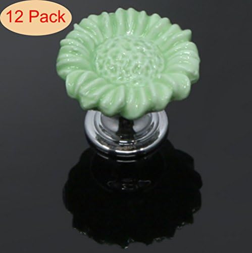 SunKni 12 Pack Ceramic Cabinet Knobs for Girl, Super Sturdy Flower Handles Pulls for Dresser Drawers Kitchen Cupboard Furniture Closet Door Prime Quality Floral Knob (Sunflower, Green)