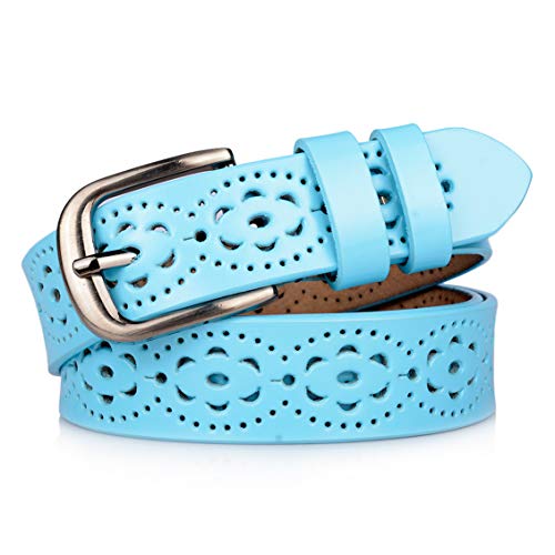 Gackoko Women belt - Hollow Flower Cowhide Leather Belt Ladies Vintage Cowgirl Western Design With Alloy Buckle (M, Sky Blue) - Thumbnail 7